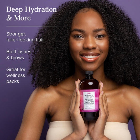 Heritage Store Organic Castor Oil 16oz - Cold Pressed Hexane Free - Nourishing Treatment for Hair, Skin & Eyelashes